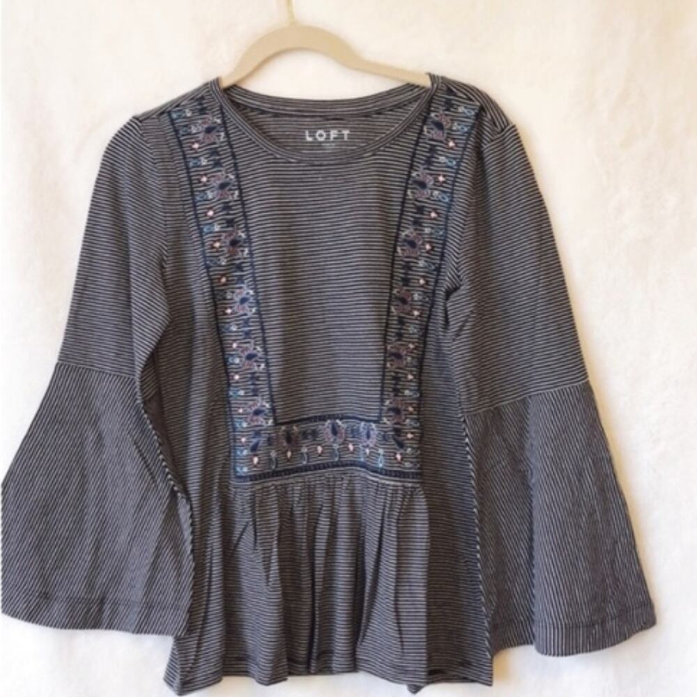 LOFT Striped Embroidered Long Bell Sleeve Top